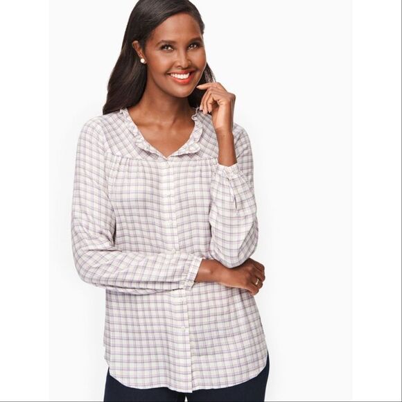 Talbots Plaid Ruffle Collar Blouse White Pink Purple Small Long Sleeve Button Up - Picture 1 of 13